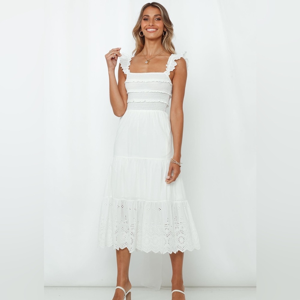 Hello Molly Let Me Fall in Love White Boho Eyelet Ruffle Midi Dress | Small - Picture 1 of 5